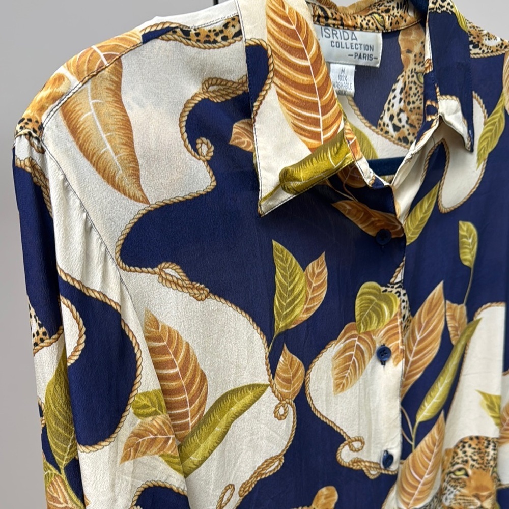 ISIDRA SILK PARIS COLLECTION Blue and Cream Abstract Blouse with Retro Flair - Picture 4 of 8